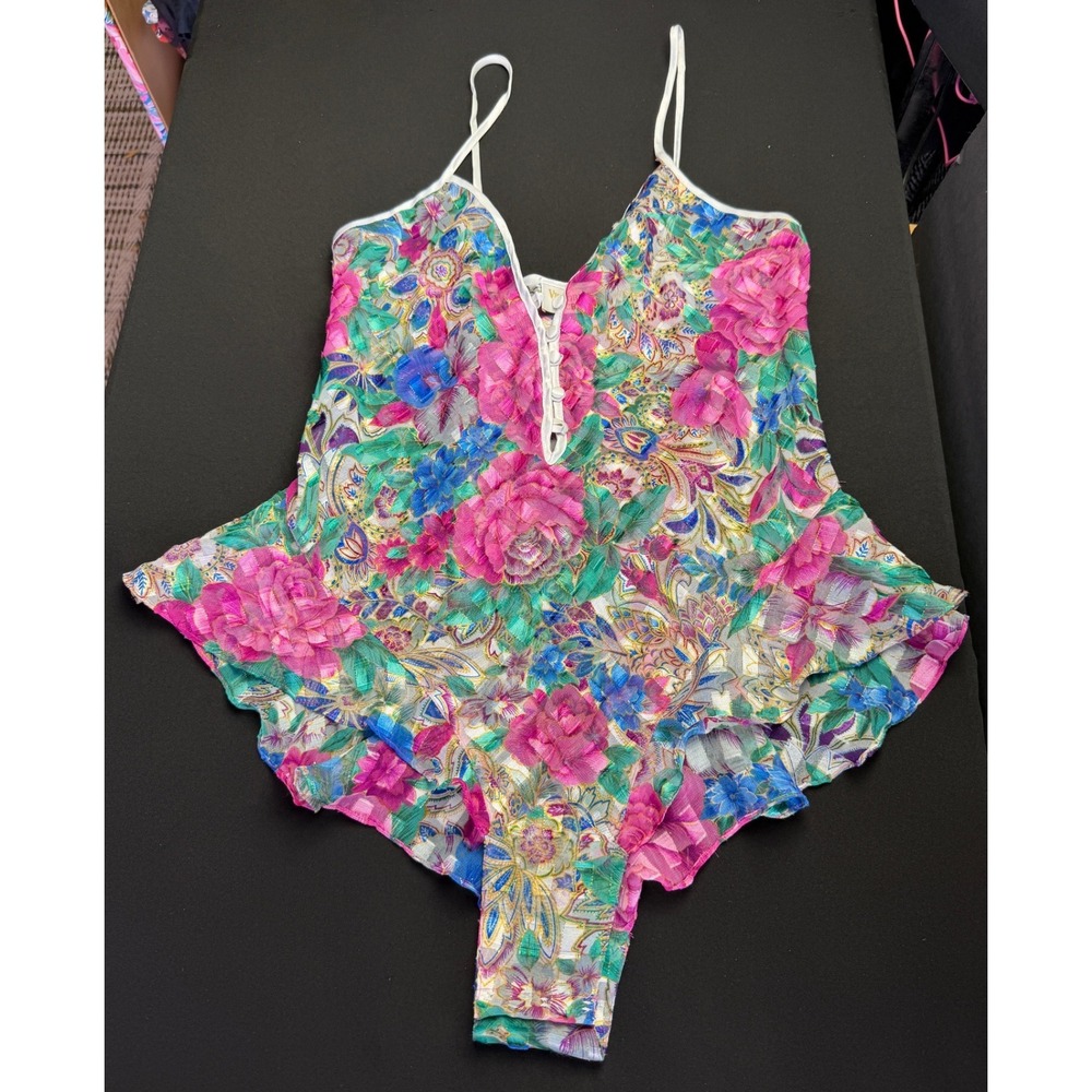 Vintage Victorias Secret Gold Label Romper S Floral Pink 90s Lingerie Teddy Rare